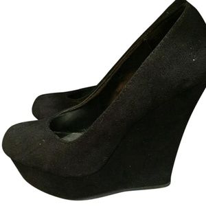 Brash Black Suede Wedge Heels, size 7.5
